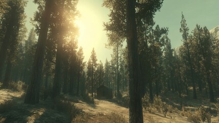 Fototapeta premium Sunlit Forest Cabin Amidst Tall Trees Landscape