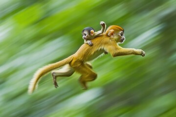 Fototapeta premium A golden-mantled tamarin monkey carrying its baby mid-leap through lush green forest.
