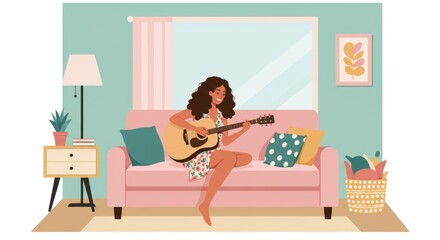 Woman relaxing on sofa playing guitar in cozy living room with modern decor