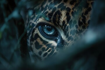 Obraz premium Close-up of a jaguar's eye peering through foliage.