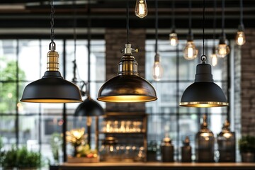 Obraz premium Industrial-style pendant lights illuminate a cafe