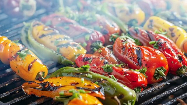 Colorful mini bell peppers sizzle on a hot grill with herbs and olive oil, creating a delicious and healthy appetizer for summer cookouts. Enjoy these vibrant veggies straight from the bbq.