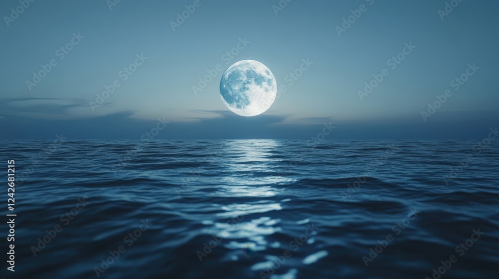 Poster closeup view of the moon reflected on water surface at dusk illuminating the calm waves and creating