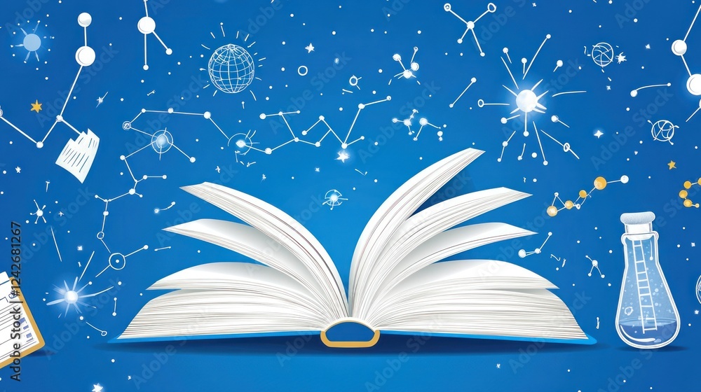 Poster open book with science and technology icons floating around it on a blue background.