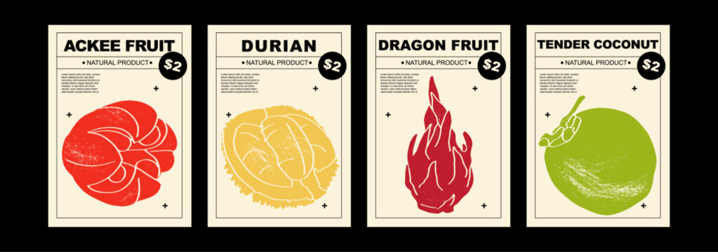 Ackee fruit, durian, dragonfruit, tender coconut. Set of posters of fruits and citrus in a abstract draw design. Simple, flat design. Patterns and backgrounds. Perfect for poster, cover, banner.