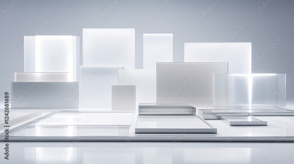 Poster futuristic rectangular material samples on a grey gradient background, ideal for design presentation
