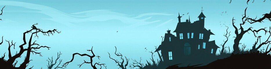 Obraz premium Haunted house silhouette at twilight with spooky trees.