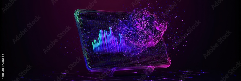 Poster abstract glowing screen displaying data graph and particle effect.