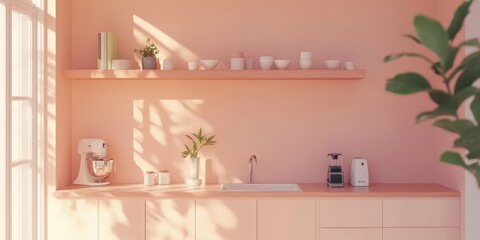 Modern Pink Kitchen With Sunlight Streaming Through Window