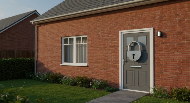 Residential security: brick house with oversized padlock on front door