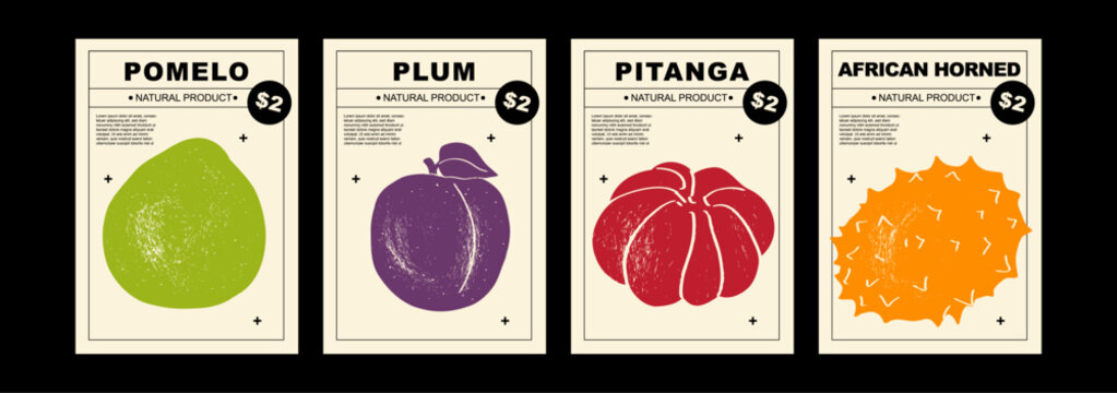 Pomelo, plum, pitanga, African horned. Set of posters of fruits and citrus in a abstract draw design. Simple, flat design. Patterns and backgrounds. Perfect for poster, cover, banner.