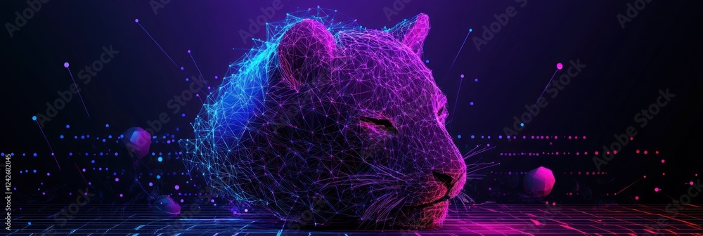 Poster abstract tiger head formed with glowing lines and nodes, set against a dark background with digital 