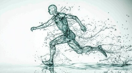 Fototapeta premium photo of full body shot of a running man completely made out of translucent water. the man is made of water