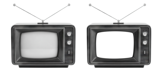 Set of vintage retro televisions with antennas and dials, isolated on transparent cutout background