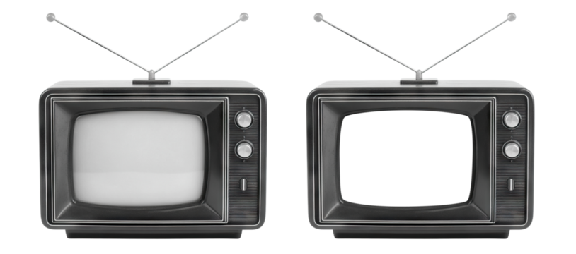 Set of vintage retro televisions with antennas and dials, isolated on transparent cutout background