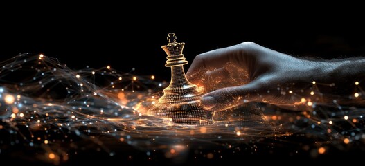 Hand moving a glowing chess king piece on a digital network background.