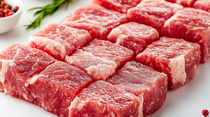 Ultra-Realistic Fresh Raw Pork Close-Up &ndash; High-Detail Pinkish-Red Meat with Marbled White Fat, Bright Lighting, and Clean White Background &ndash; Professional Culinary Stock Image 