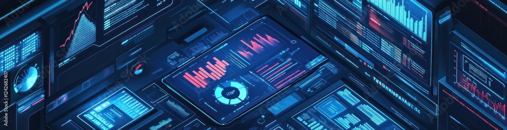 Poster abstract digital data visualization with graphs, charts, and diagrams on glowing screens.