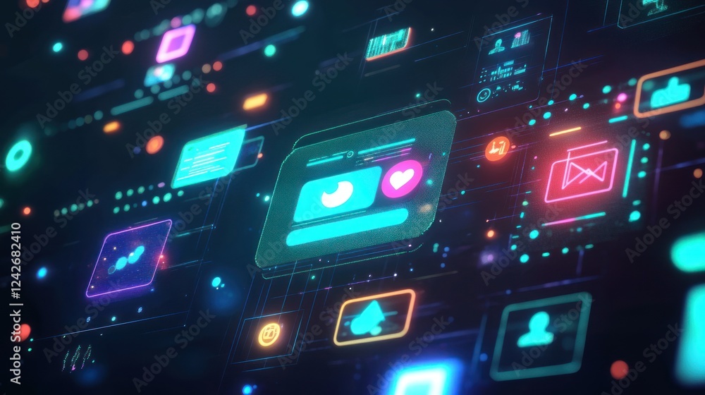 Poster abstract digital interface with social media icons and network connections.