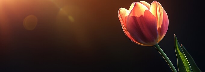 Single backlit tulip with bokeh, dark background.