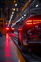 Fototapeta premium Car manufacturing factory. Automobile production line. Cars on assembly line. Highlighting light details and glossy paint.