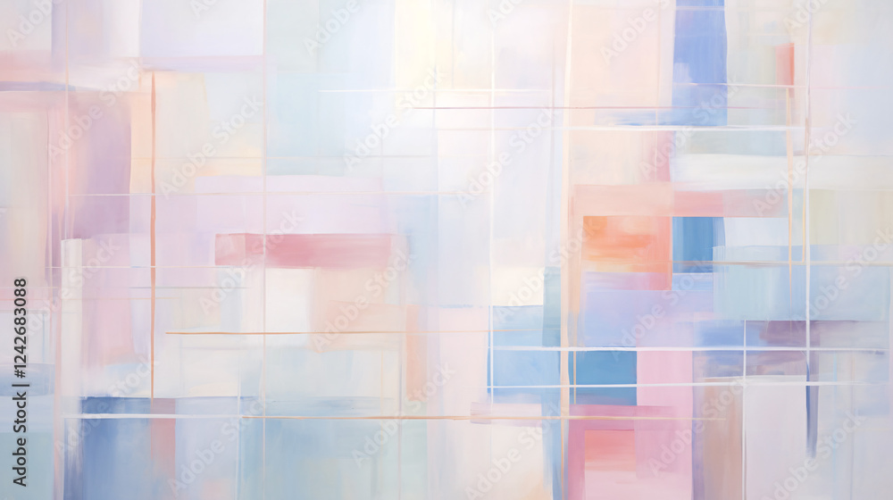 Poster A horizontal layout of overlapping pastel-colored rectangles on a white background. This modern abstract design suits wallpapers, banners, presentations, and visual backdrops with a soft and elegant f