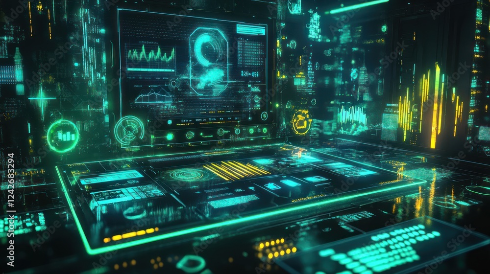 Poster futuristic digital interface with holographic displays showing data, graphs, and charts.