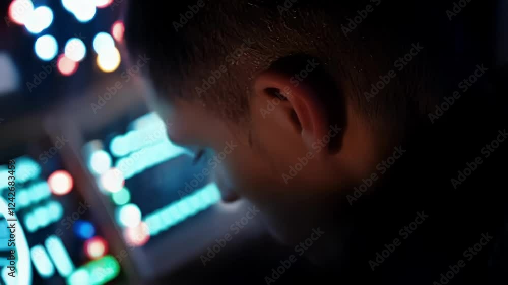 Poster professional technician sweating while working intently on complex electronic interface, facing chal