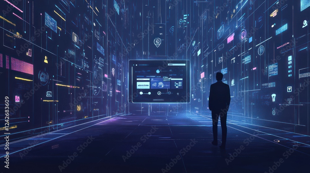 Poster man in suit facing large digital interface in futuristic data center.