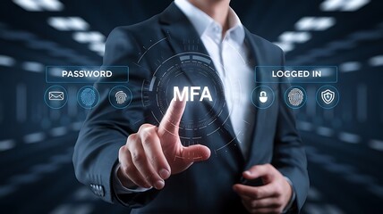 businessman pressing the virtual button MFA, multi-factor authentication. cloud computing concept, cloud technology, Saas, Paas, Iaas. AWS Services, ips, SSL, mfa, 2fa