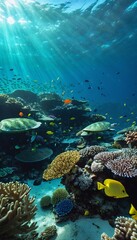 Naklejka premium Vibrant underwater coral reef teeming with colorful marine life