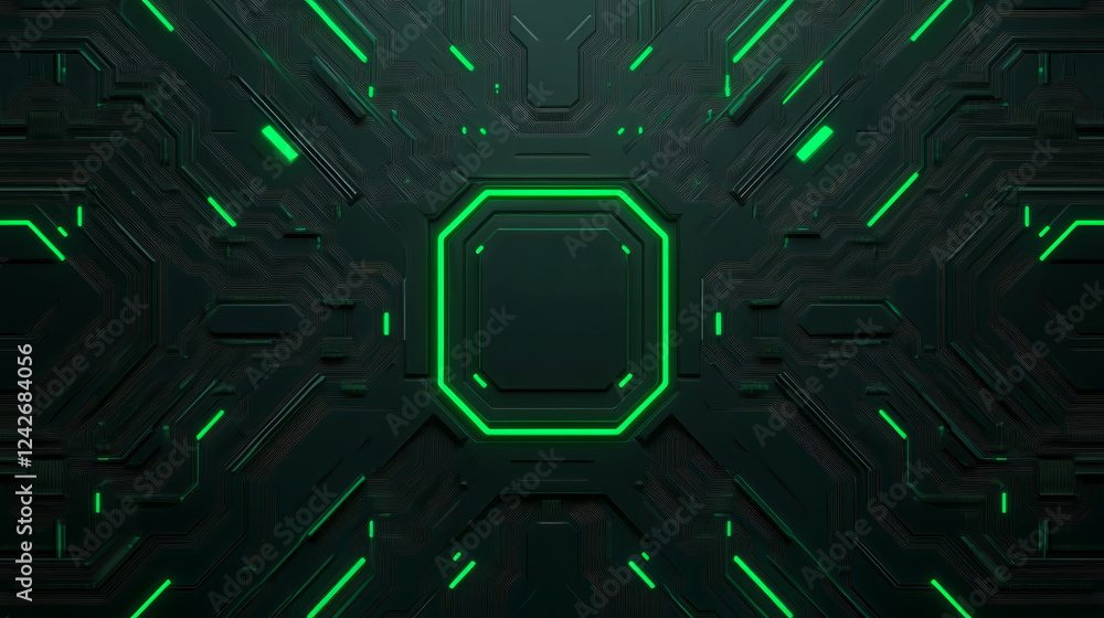 Poster futuristic abstract design featuring intricate patterns and glowing green accents, creating high tec