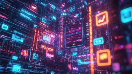Abstract digital data stream with glowing icons and codes.