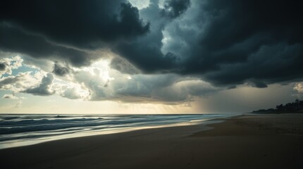 Dramatic Stormy Beach Scene with Crashing Waves, Sunbeams, and a Moody Teal and Gold Seascape