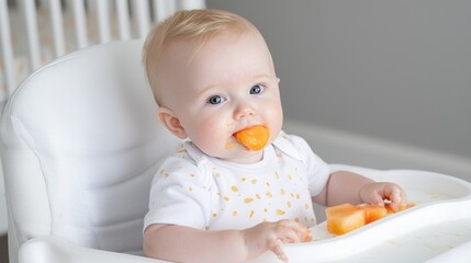 Baby enjoying first solid foods, home interior