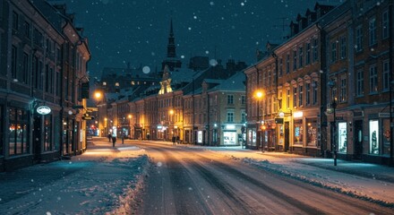 Fototapeta premium Peaceful snowy night in urban street scene with historic buildings