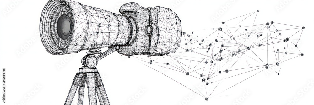 Poster wireframe camera on tripod projecting data network.