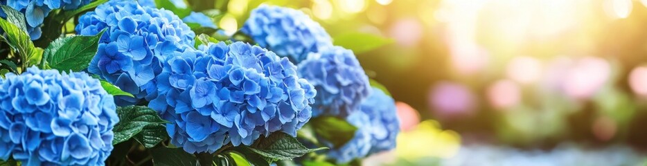Vibrant blue hydrangeas in a garden bathed in sunlight.