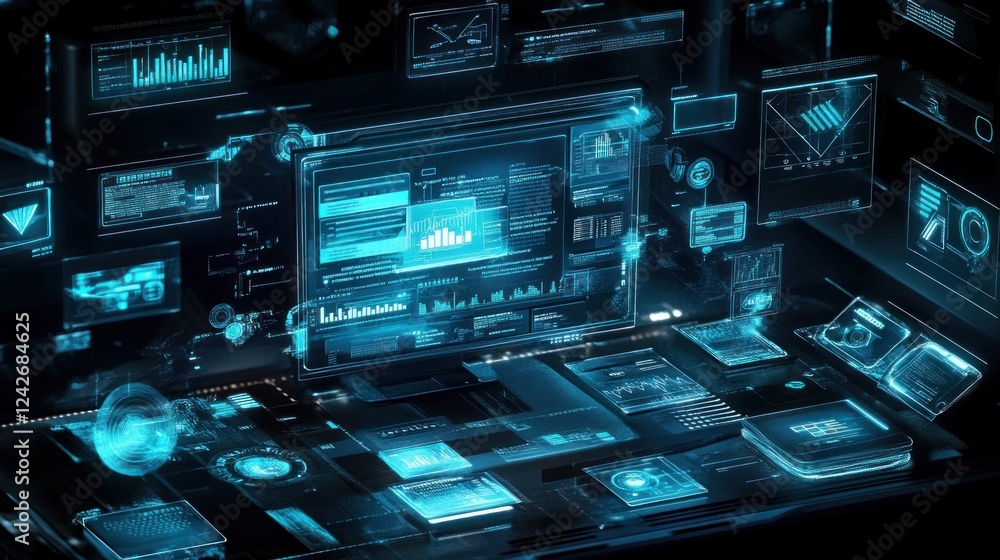 Aufkleber futuristic digital interface with holographic data displays and charts.