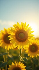Obraz premium Bright sunflower field at sunrise with vibrant colors and sunlight