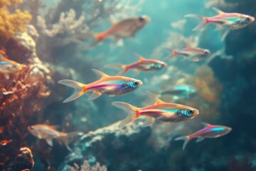 Naklejka premium Vibrant cardinal tetras swim amidst coral reef in an aquarium.