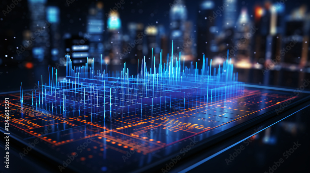 Poster A minimalist 2D AI data analysis concept featuring glowing graphs and skyscrapers on a blue background.

