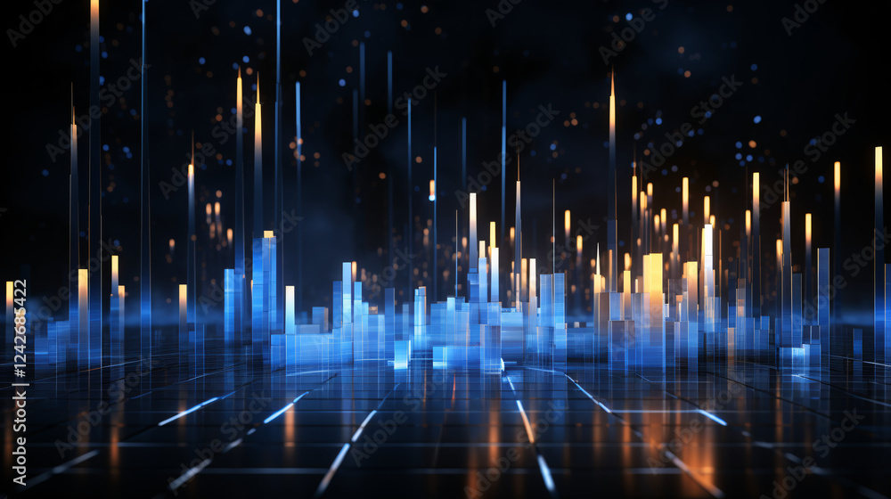Poster A minimalist 2D AI data analysis concept featuring glowing graphs and skyscrapers on a blue background.


