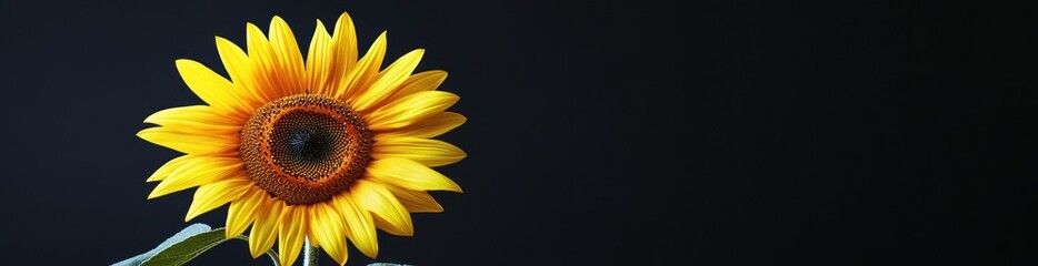 Fototapeta premium Single bright yellow sunflower against a dark background.