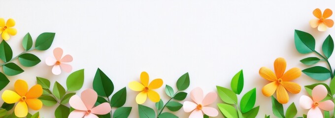 Fototapeta premium Colorful paper flowers and leaves border on white background.