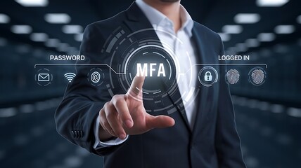 businessman pressing the virtual button MFA, multi-factor authentication. cloud computing concept, cloud technology, Saas, Paas, Iaas. AWS Services, ips, SSL, mfa, 2fa