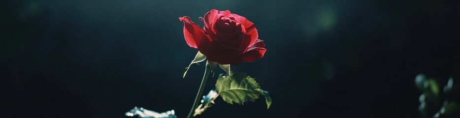 Single red rose blooming in dark background.