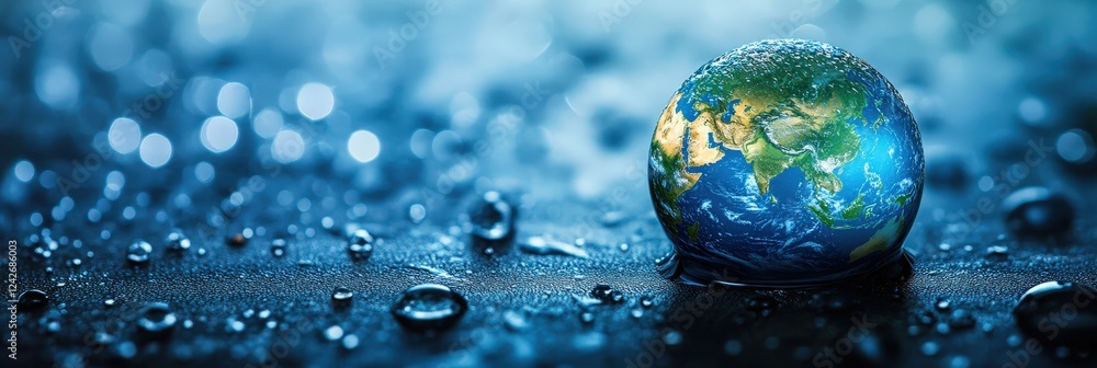 Poster earth globe surrounded by water droplets on a reflective surface with a dreamy blue background creat