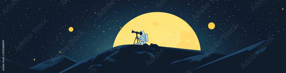 Poster astronomer on mountain peak using telescope to observe a large moon and stars at night.