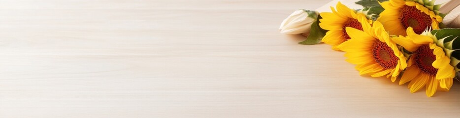 Sunflowers and white flower bouquet on light wooden surface.